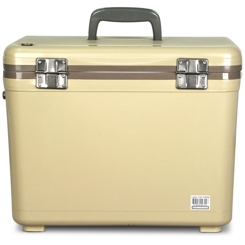 A beige Engel Coolers Live Bait Pro cooler case with a rechargeable aerator on a white background.