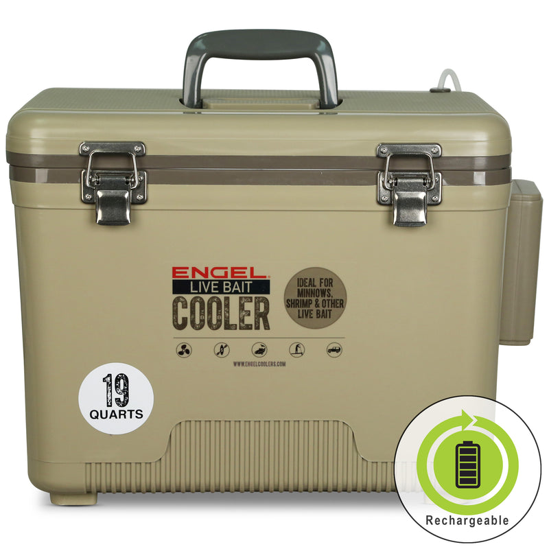 A tan Engel Coolers Live Bait Pro cooler with the word Engel on it, featuring a rechargeable aerator for an efficient bait storage system.