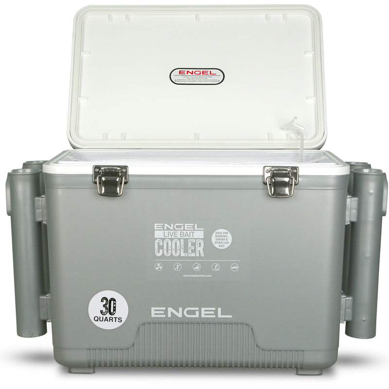 The Engel Coolers Engel 30Qt Live bait Pro Cooler with AP4 XL Rechargeable Aerator, Rod Holders & Stainless Hardware is shown on a white background.