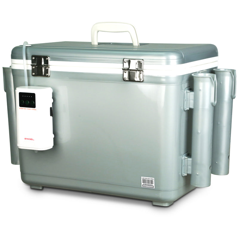 A gray Engel Coolers 30Qt Live Bait Pro cooler with a rechargeable remote control attached to it.
