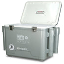 A gray Engel Coolers 30Qt Live bait Pro Cooler with AP4 XL Rechargeable Aerator, Rod Holders & Stainless Hardware with a lid on it.