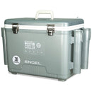 The Engel 30Qt Live Bait Pro cooler with AP4 XL Rechargeable Aerator, Rod Holders & Stainless Hardware has two handles on it.