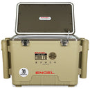 The Engel 30Qt Live bait Pro Cooler with AP4 XL Rechargeable Aerator, Rod Holders & Stainless Hardware is shown on a white background.