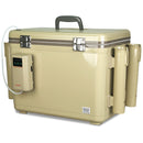 A tan Engel Coolers 30Qt Live bait Pro Cooler with AP4 XL Rechargeable Aerator, Rod Holders & Stainless Hardware with a metal handle on it.