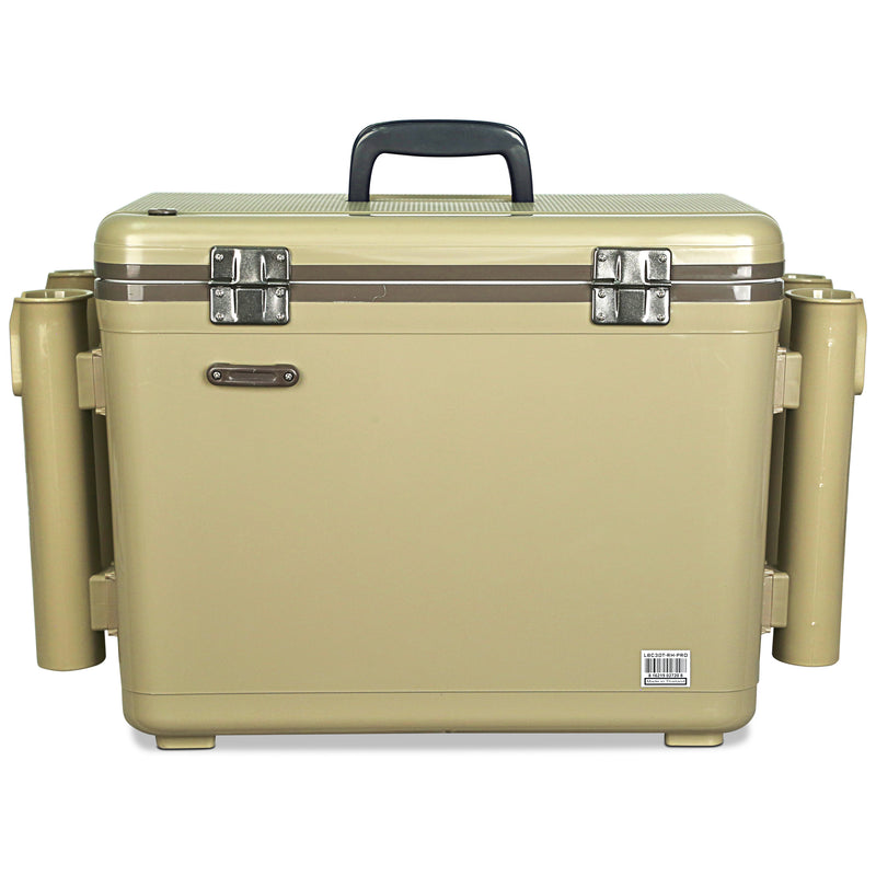 A beige Engel Coolers 30Qt Live bait Pro cooler case with handles and wheels.