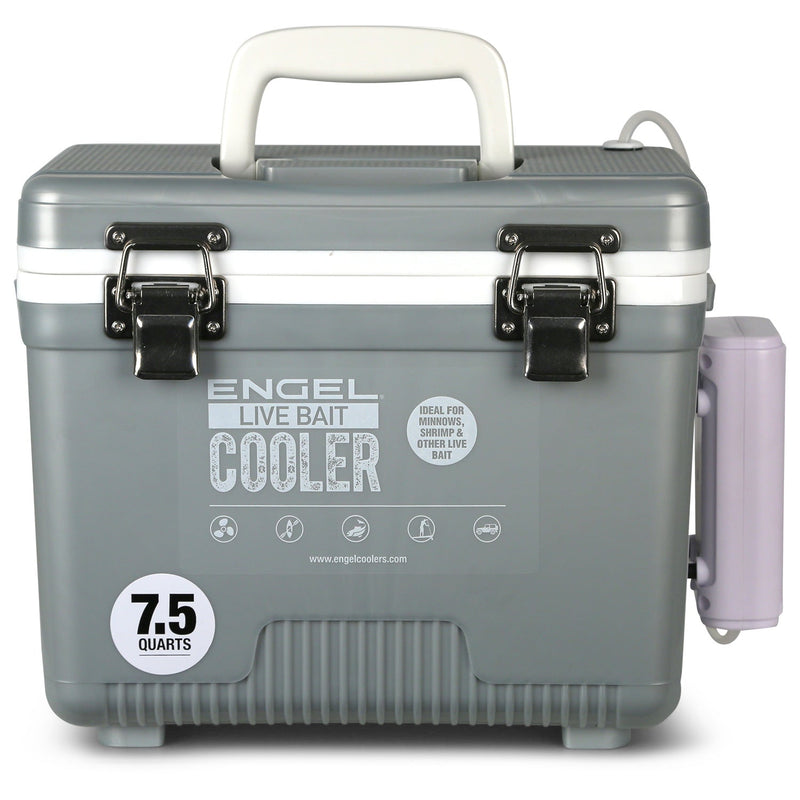 A gray Engel Coolers 7.5Qt Live bait Pro Cooler with AP3 Rechargeable Aerator & Stainless Hardware with a handle on it.
