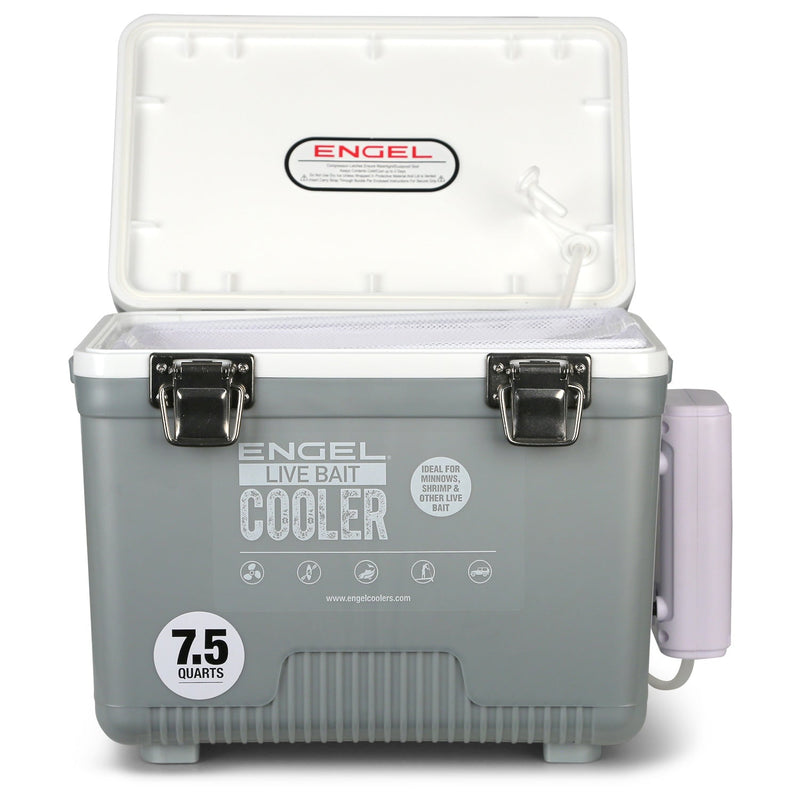 A Engel Coolers 7.5Qt Live bait Pro Cooler with AP3 Rechargeable Aerator & Stainless Hardware with the lid open on a white background, featuring a rechargeable aerator.