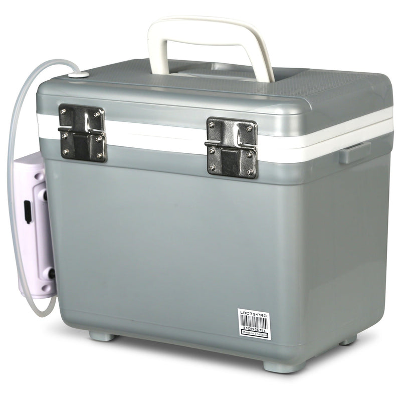 A grey Engel Coolers 7.5Qt Live bait Pro cooler with a white handle and rechargeable AP3 aerator.