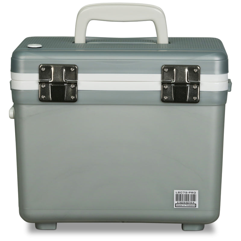 A grey plastic Engel Coolers Live Bait Pro cooler box with handles, including a rechargeable aerator for the bait storage system.