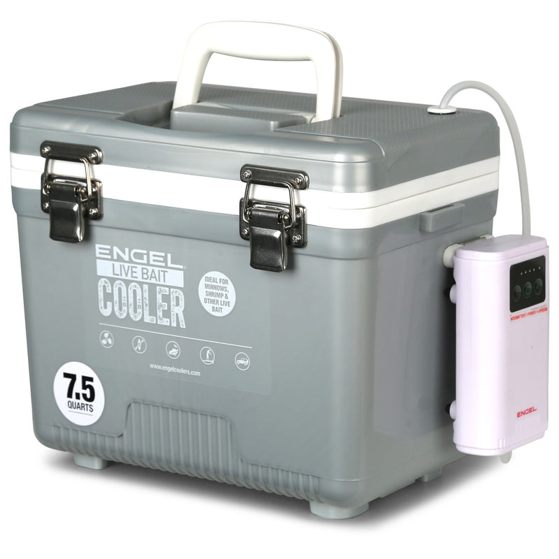 A gray Engel Coolers 7.5Qt Live bait Pro Cooler with AP3 Rechargeable Aerator & Stainless Hardware cooler with a rechargeable aerator and remote control attached to it.