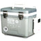 A gray Engel Coolers 7.5Qt Live bait Pro Cooler with AP3 Rechargeable Aerator & Stainless Hardware on it.