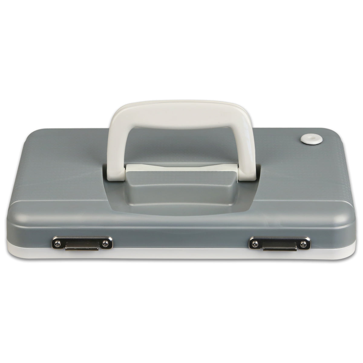 A gray and white rectangular plastic drybox from Engel Coolers with a top handle and two front metal clasps, ideal as an Engel Live Bait Cooler or for securely storing Engel Live Bait Drybox/Cooler Lids.