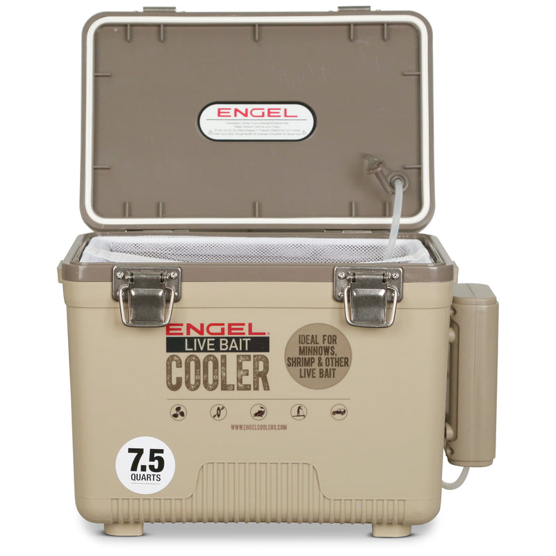 The Engel Coolers Engel 7.5Qt Live bait Pro Cooler with AP3 Rechargeable Aerator & Stainless Hardware is shown on a white background.