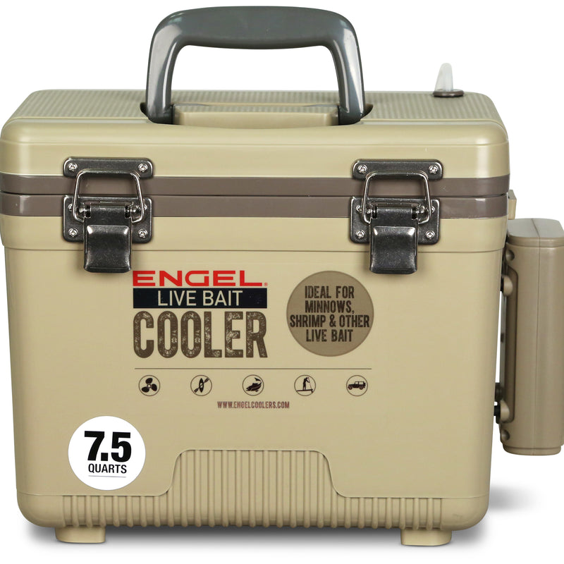 A tan cooler with the word Engel Coolers on it, featuring stainless steel hardware.