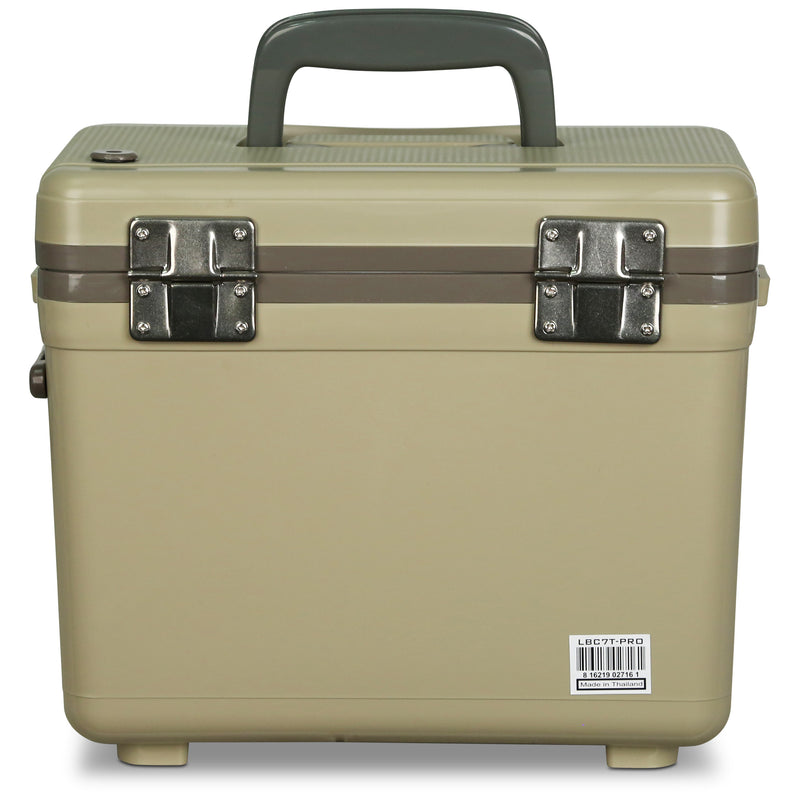 A tan Engel Coolers 7.5Qt Live bait Pro Cooler with AP3 Rechargeable Aerator & Stainless Hardware case with handles.
