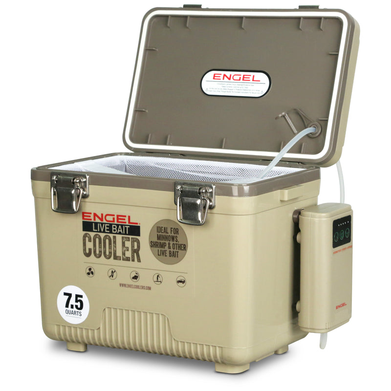 A Engel Coolers 7.5Qt Live bait Pro Cooler with AP3 Rechargeable Aerator & Stainless Hardware with a lid open, featuring a rechargeable aerator.