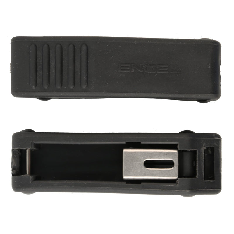 A pair of black plastic High Performance Hard Cooler Latch assembly clips for a gun from Engel Coolers.