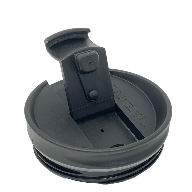 A black Engel Coolers Tumbler Lid plastic cup with a screw-in lid on it.