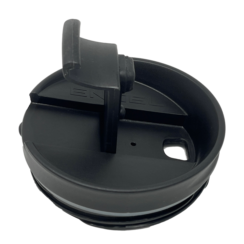 A black plastic replacement cap with a black handle for Engel Tumblers from Engel Coolers.