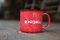 A red Old School Campfire Mug with the word Engel on it features a retro granite design.