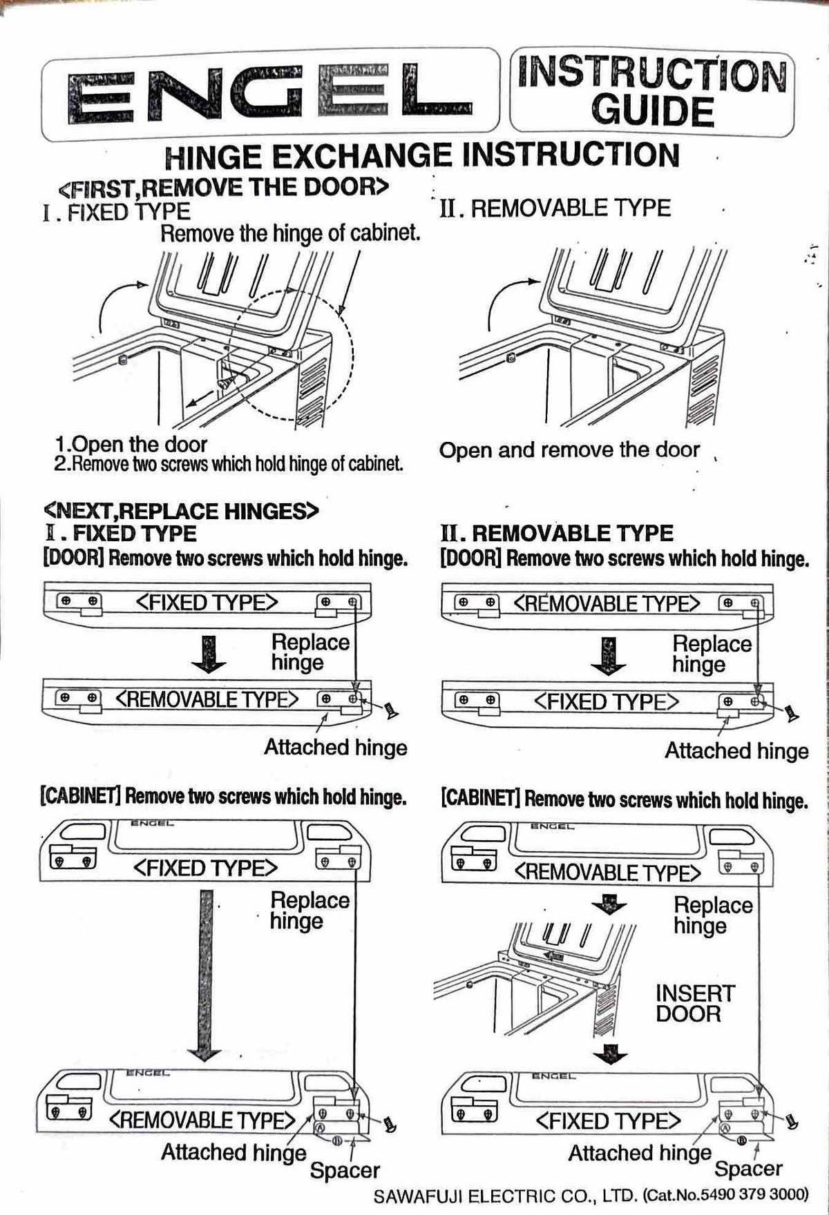 The Engel Coolers MT35/45 Hinge Assembly - Removable Lid includes step-by-step diagrams and instructions for replacing fixed or removable hinges, including stainless steel hinge sets, on your Engel cabinet door.