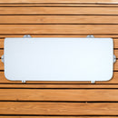 A white seat cushion for Engel Hard Cooler hanging on a marine-grade wooden wall.