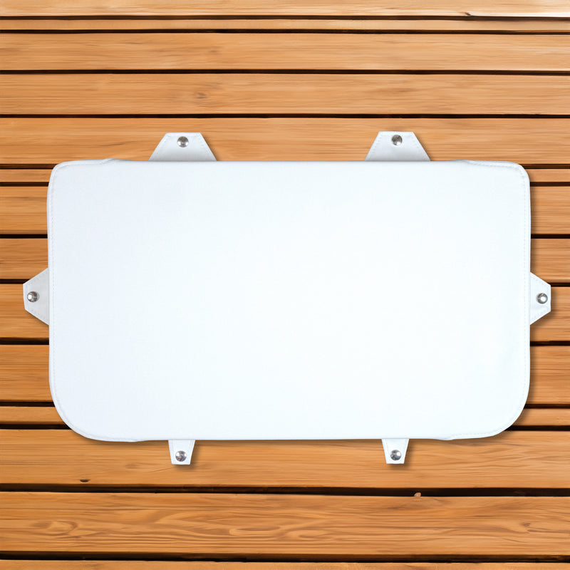 A white sheet of paper on a wooden background with an Engel Coolers white seat cushion for Engel Hard Cooler.