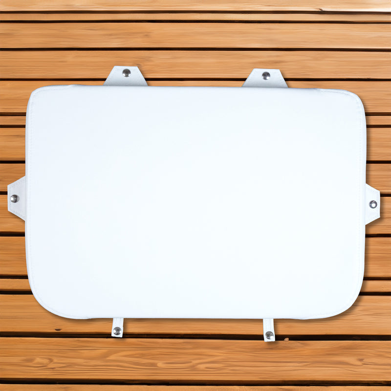 A white seat cushion for Engel Hard Cooler on a marine grade wooden background.