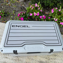 A gray cooler with the word Engel Coolers on it, designed for marine environments.