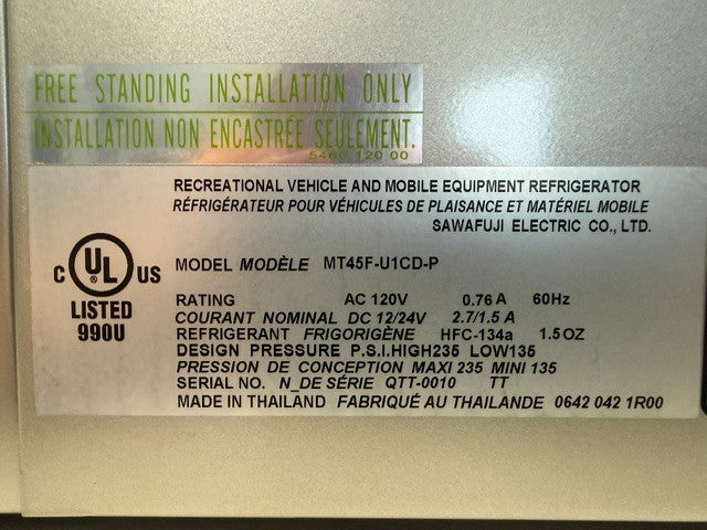Label displaying safety certifications and technical specifications for the Engel Coolers MT45 Combination Platinum Series Top Opening 12/24V DC – 110/120V AC Fridge-Freezer, including model number MT45F-U1CD-P, voltage ratings, pressure limits, refrigerant type, advanced Swing Motor Compressor technology, and manufacturing details. Designed for use with Engel Portable Fridge Freezer models.