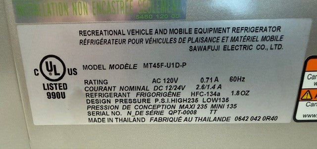 The label on this Engel Coolers MT45 Platinum Series portable fridge-freezer (Refurbished) displays model MT45F-U1D-P, AC 120V, 0.71A, 60Hz, and DC 12/24V. As a member of the MT45 Platinum Series with a 45-quart capacity, it uses HFC-134a refrigerant, lists design pressure specifications, and is manufactured in Thailand.