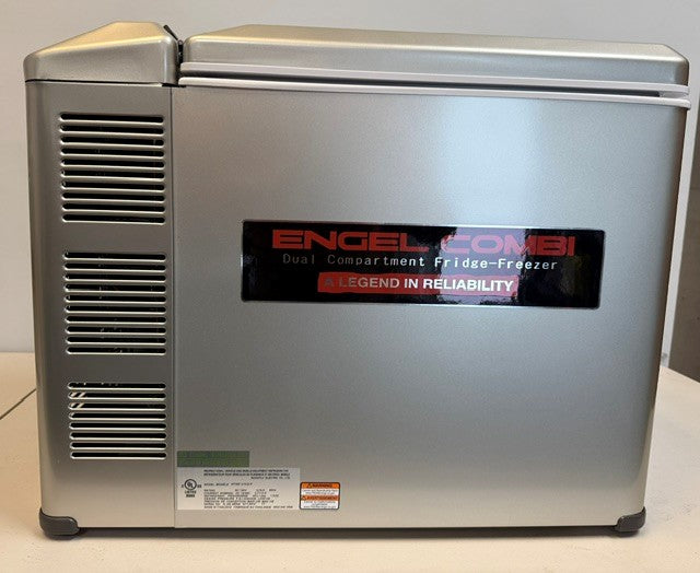 Engel Coolers MT45 Combination Platinum Series Top Opening 12/24V DC -110/120V AC Fridge-Freezer on a white surface, highlighting side vents and the product label.