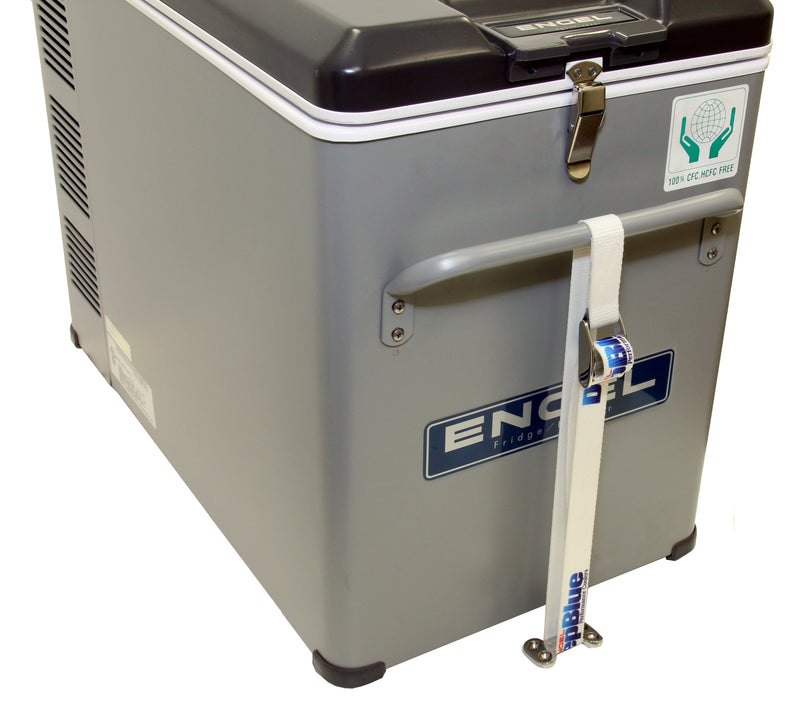 A grey marine-grade Engel Coolers cooler with the word Engel on it.