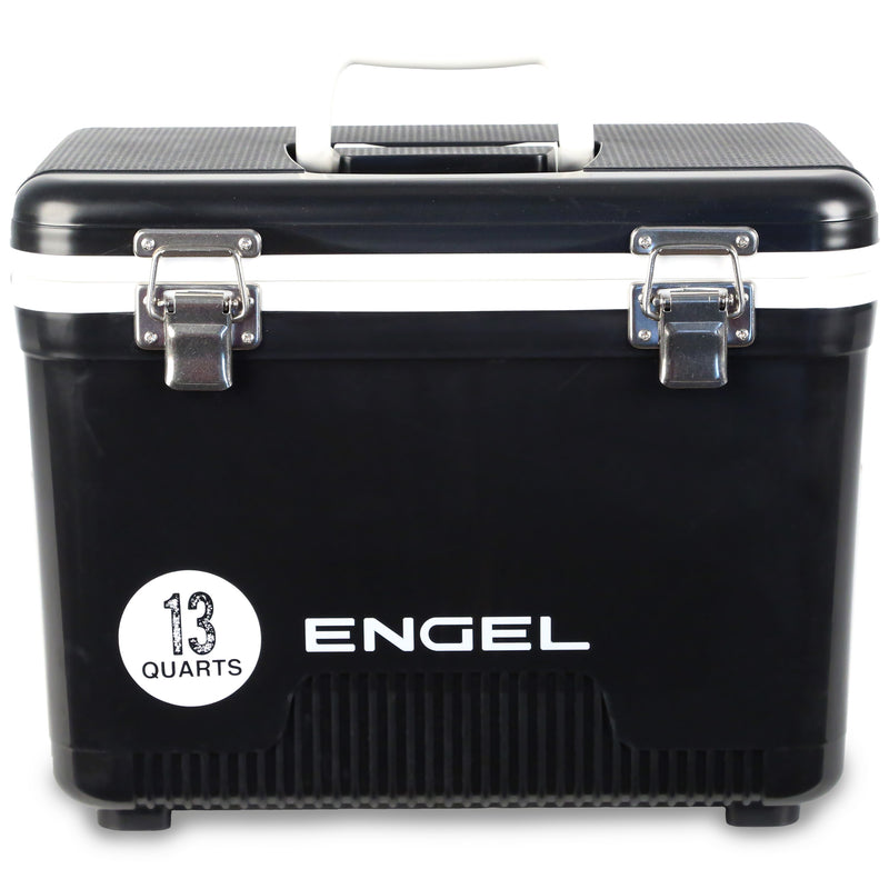 A black Engel 13 Quart Drybox/Cooler designed for outdoor adventures by Engel Coolers.