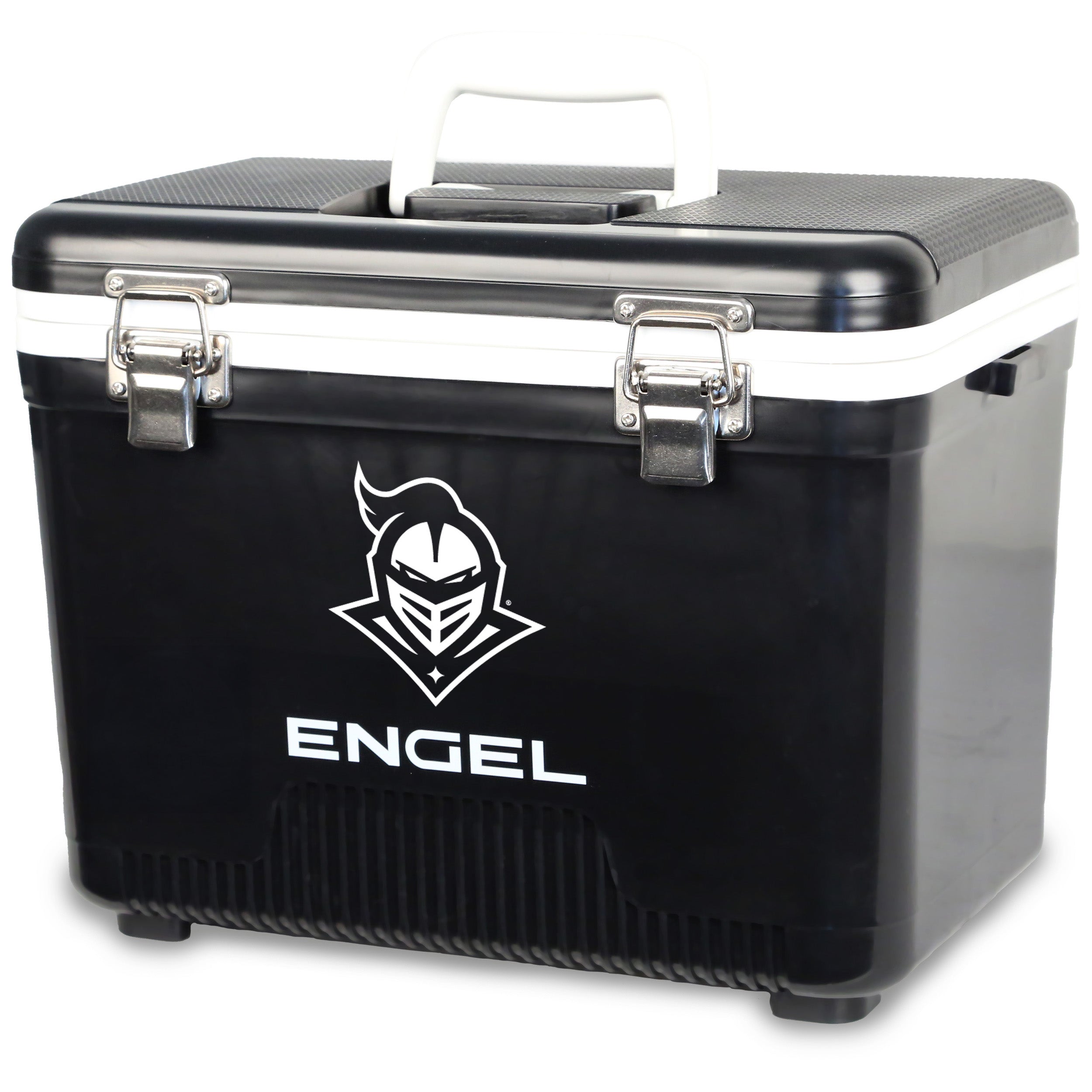 The ENGEL UCF Knight Engel Drybox Cooler & Lunchbox is black, features a white handle, metal latches, and displays the UCF Knights logo on the front.