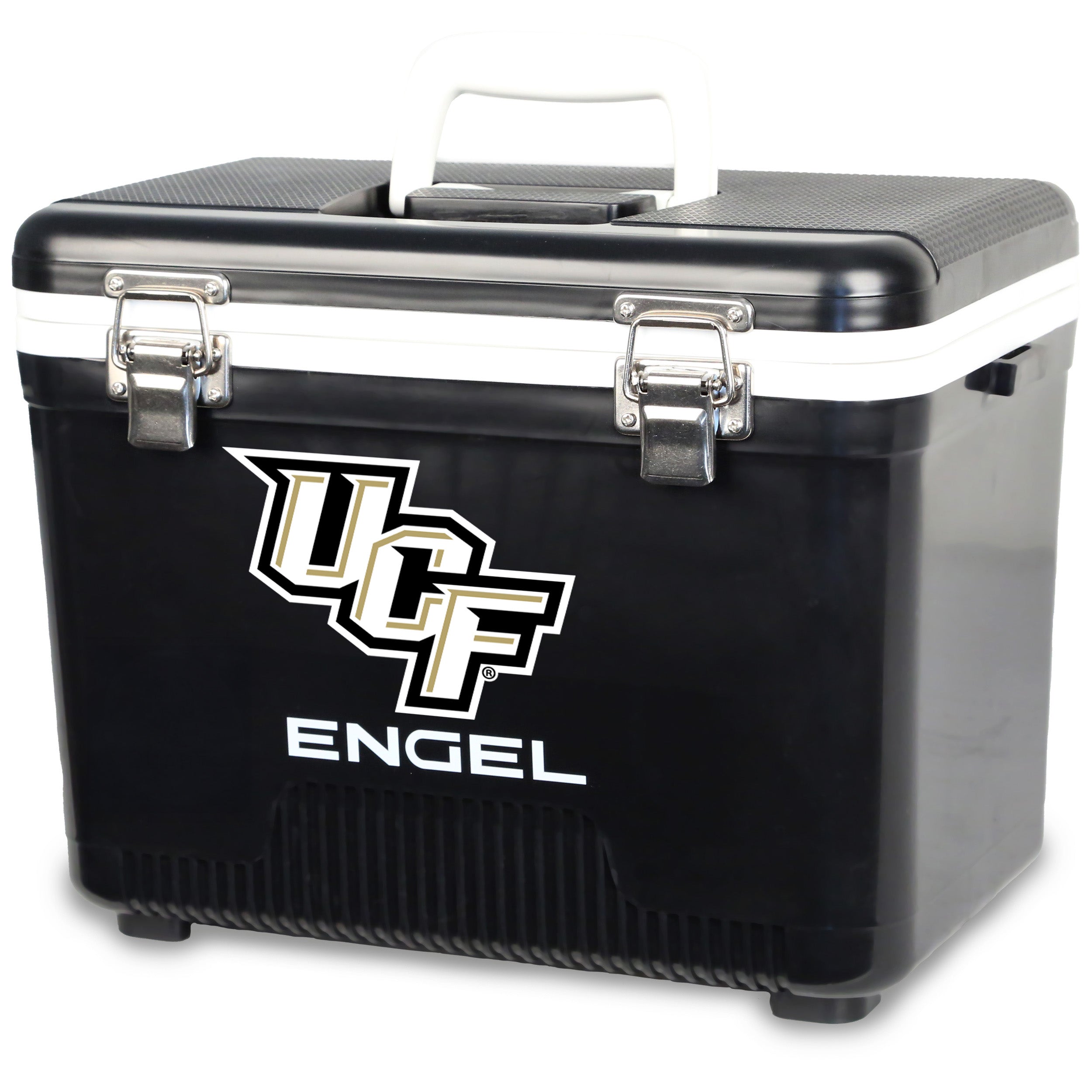 The ENGEL UCF Engel Drybox Cooler & Lunchbox is a black waterproof cooler with a white handle, silver latches, white trim near the top, and a large UCF Knights logo.