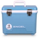 A blue Engel 13 Quart Drybox/Cooler with the word Engel Coolers on it, perfect for your next outdoor adventure.