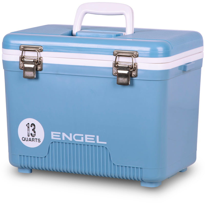 A blue Engel Coolers 13 Quart Drybox/Cooler with the word "Engel" on it, ideal for your next outdoor adventure.