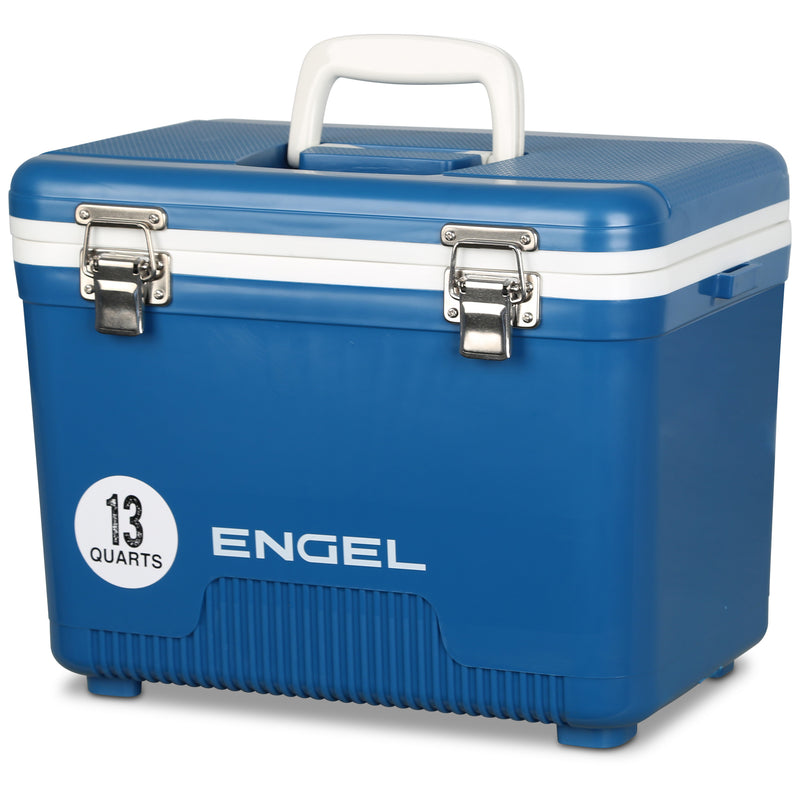 Blue and white Engel Coolers 13 Quart Drybox/Cooler with a sturdy handle and stainless steel latches, isolated on a white background.