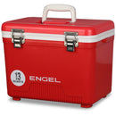 Replace sentence: Red Engel Coolers brand Engel 13 Quart Drybox/Cooler with metal clasps and a white handle, capable of holding 13 quarts.