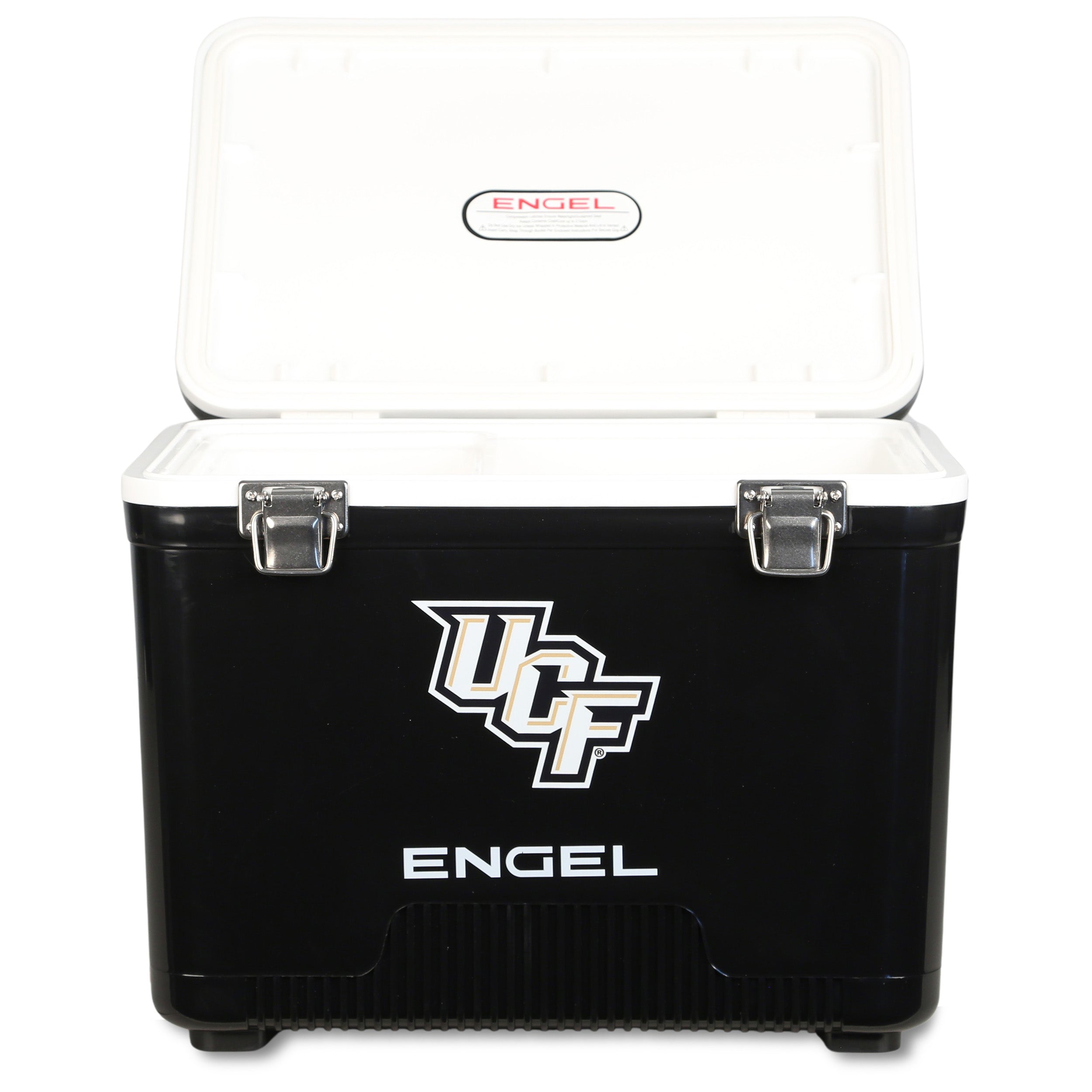 The ENGEL UCF Engel Drybox Cooler & Lunchbox is a black waterproof cooler with a white interior, open lid, silver latches, and features the UCF Knights logo on the front.