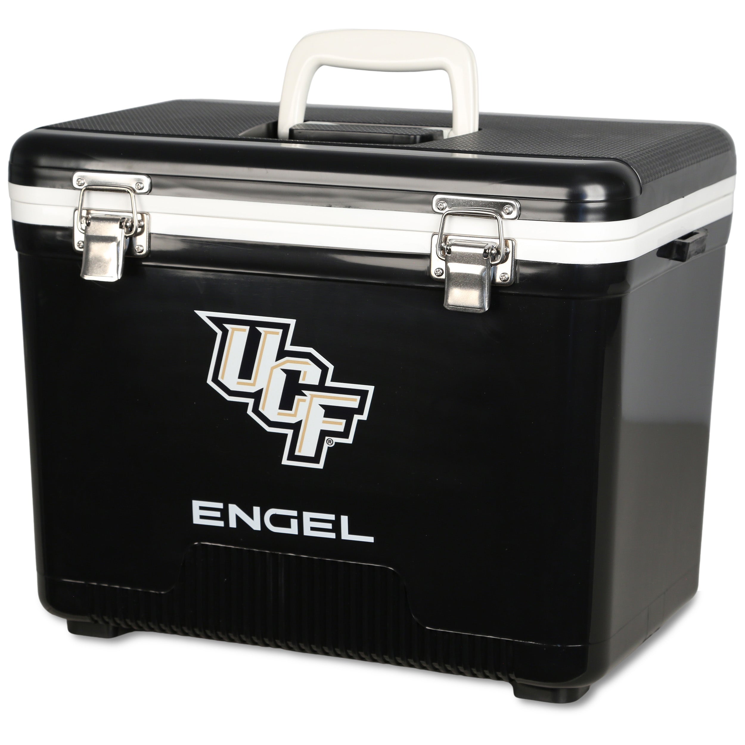 The ENGEL UCF Engel Drybox Cooler & Lunchbox is a black waterproof cooler with a white handle, featuring the UCF Knights logo and silver front latches.