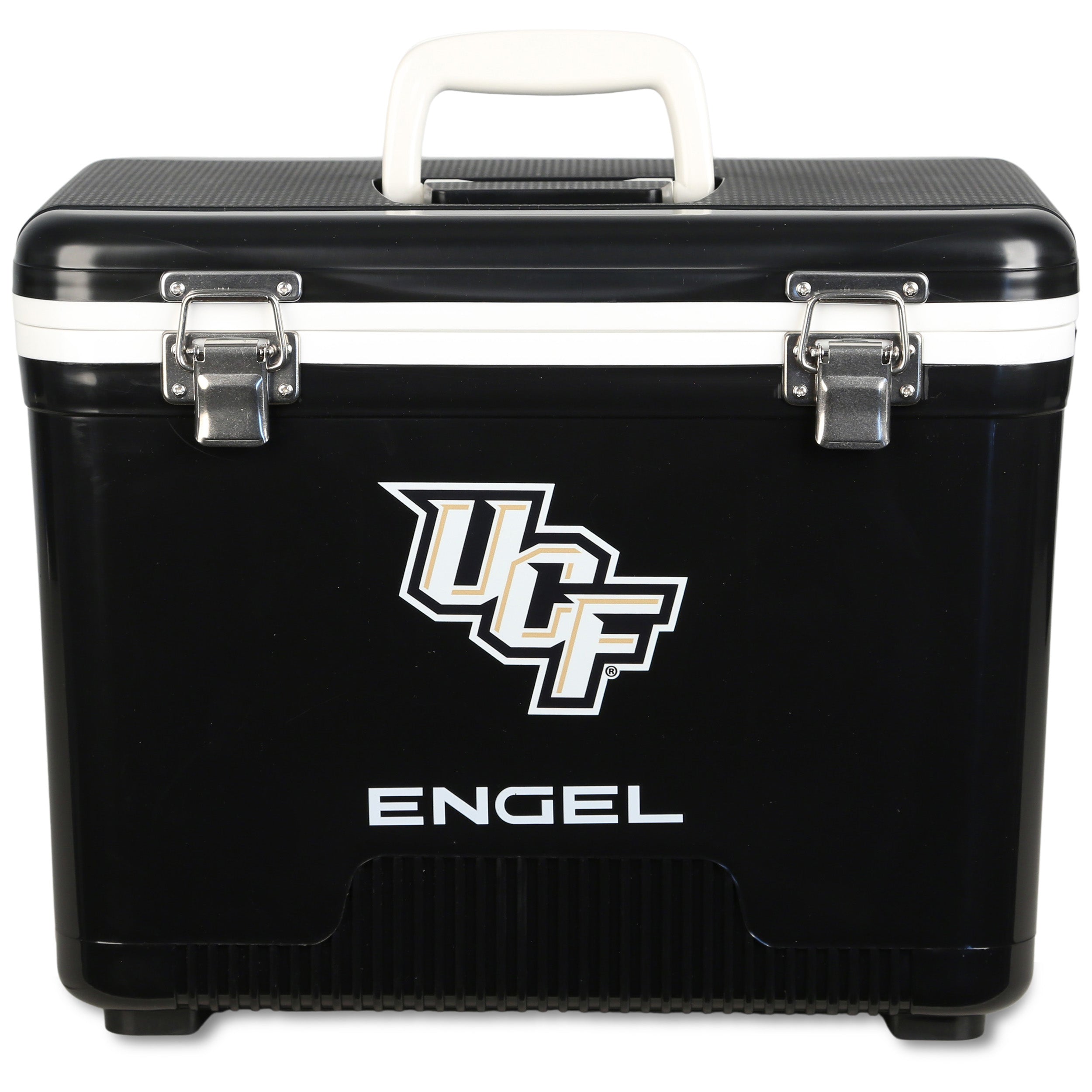 The UCF Engel Drybox Cooler & Lunchbox by ENGEL is a black waterproof cooler with white handle and latches, featuring the UCF Knights logo and "ENGEL" text on the front—ideal for keeping your items safe and dry.