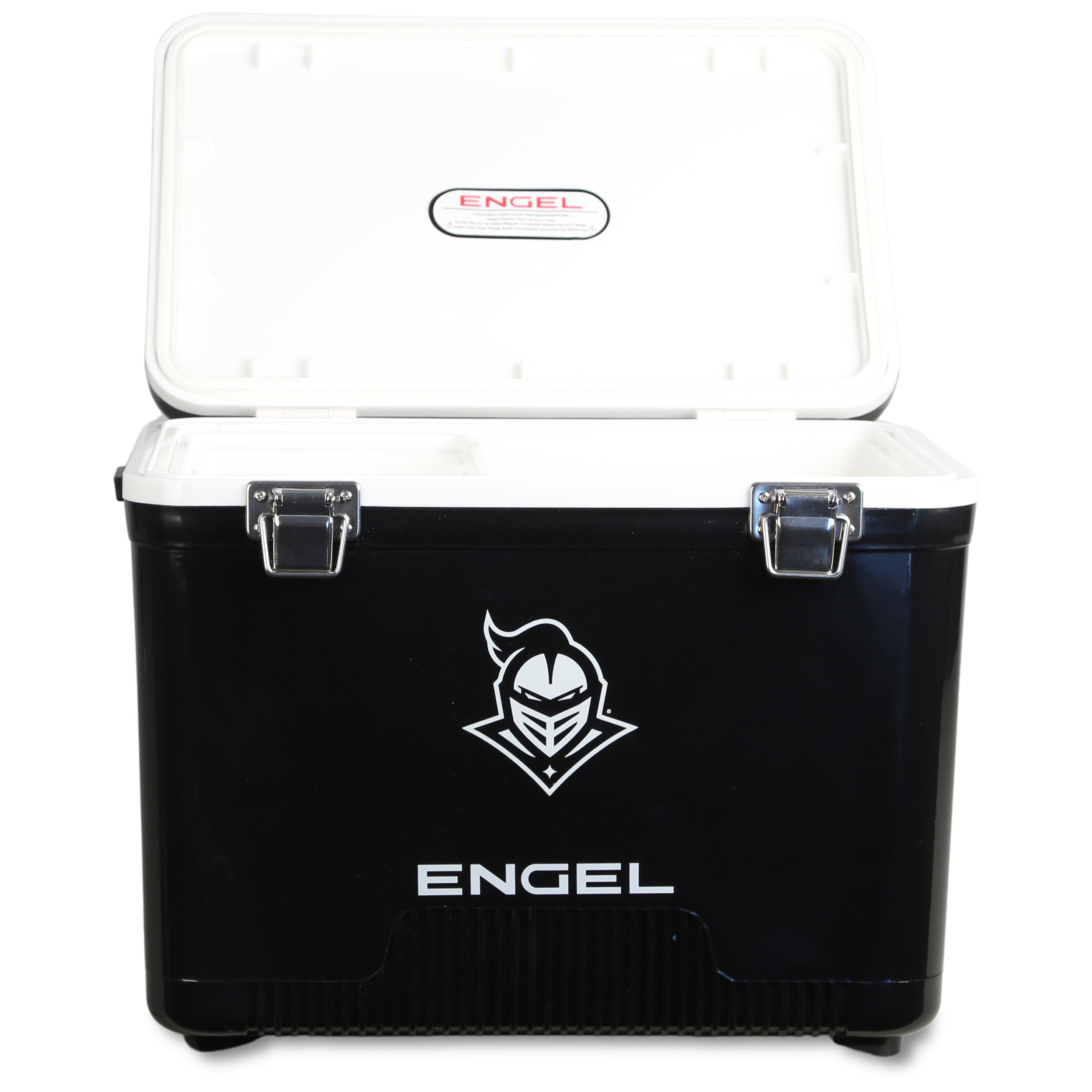 The ENGEL UCF Knights Engel Drybox Cooler & Lunchbox features a black exterior, white interior, open lid, metal latches, and displays a bold UCF Knights helmet logo on the front.