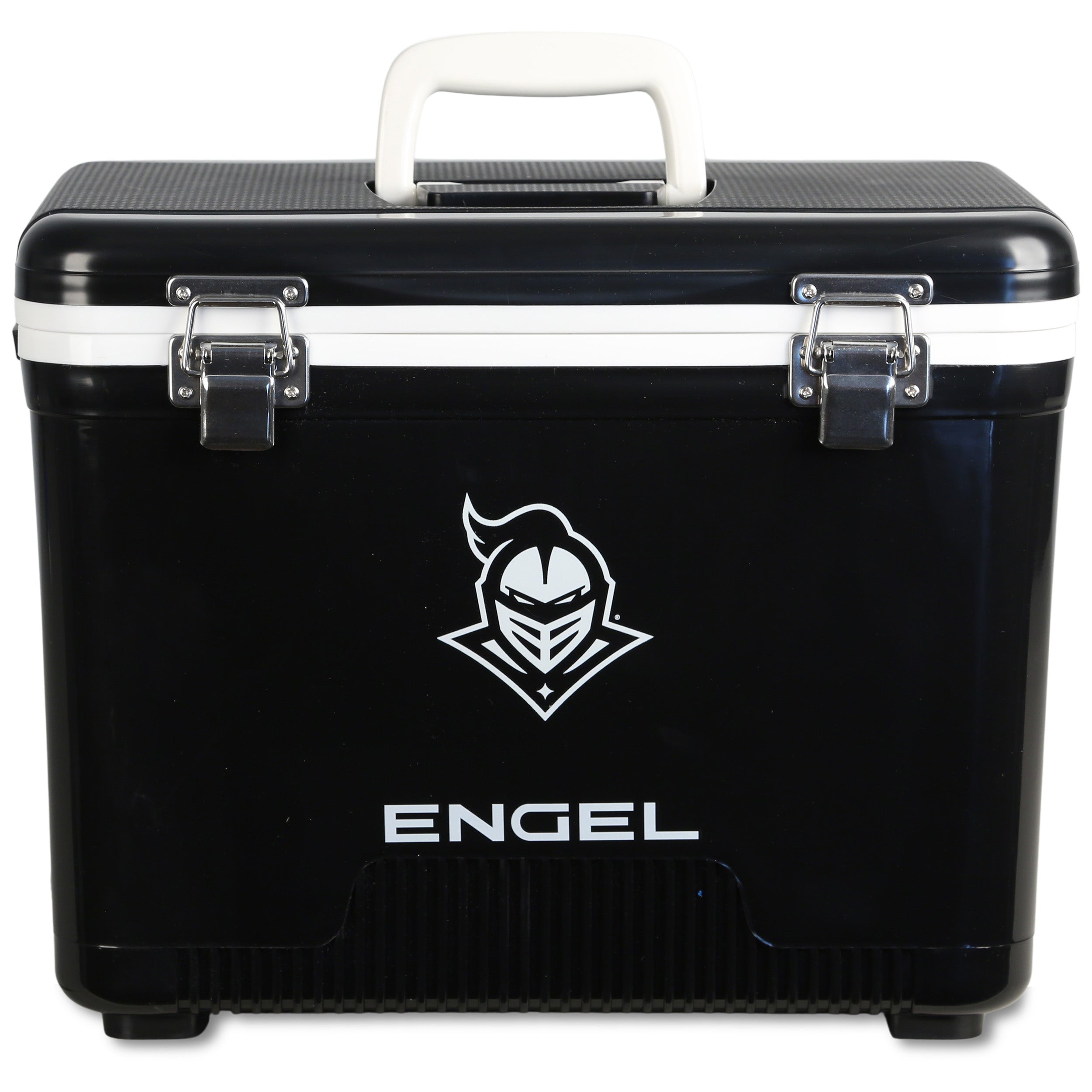 The ENGEL UCF Knight Engel Drybox Cooler & Lunchbox features silver latches, a white handle, and a white knight helmet logo—ideal for UCF Knights fans wanting a dependable waterproof lunchbox.