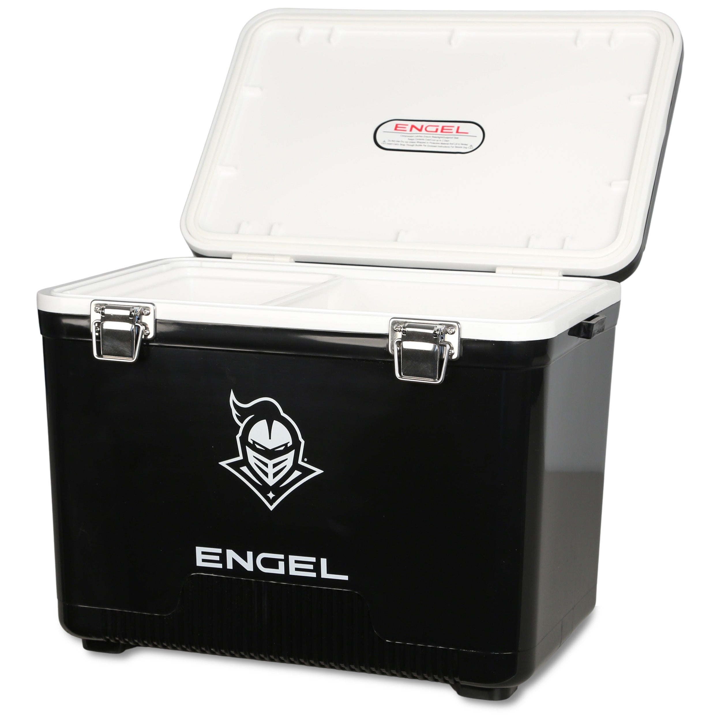 The ENGEL UCF Knights Engel Drybox Cooler & Lunchbox is a black waterproof cooler with a white logo, featuring metal latches and a spacious white interior—perfect for UCF Knights fans.