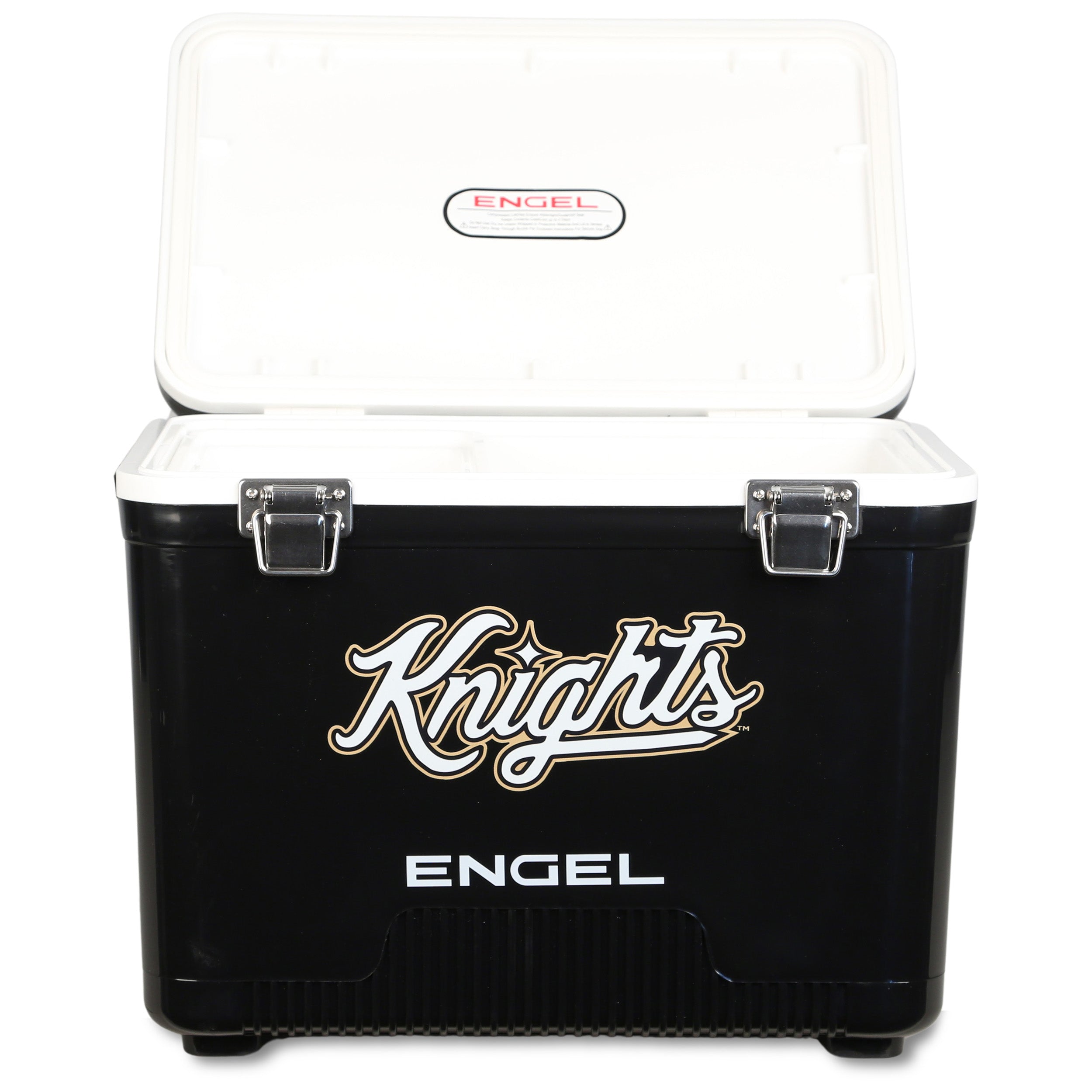 The ENGEL UCF Knights Engel Drybox Cooler & Lunchbox features a black body, white lid, metal latches, and "Knights" in gold script—ideal as a waterproof lunchbox for any UCF fan.