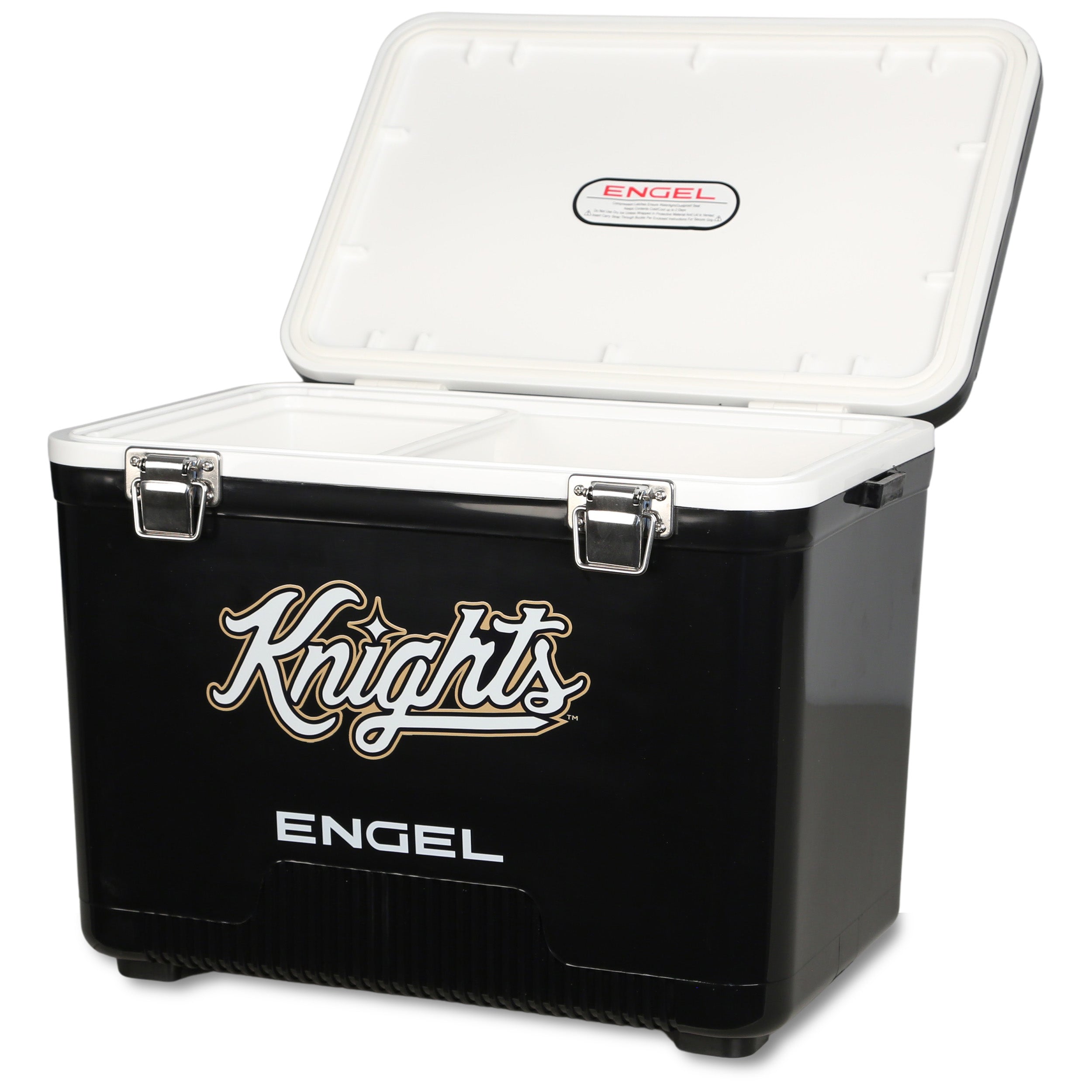 The ENGEL UCF Knights Engel Drybox Cooler & Lunchbox features black and white colors, metal latches, an open lid, and "Knights" on the front—an ideal choice for any UCF Knights fan.
