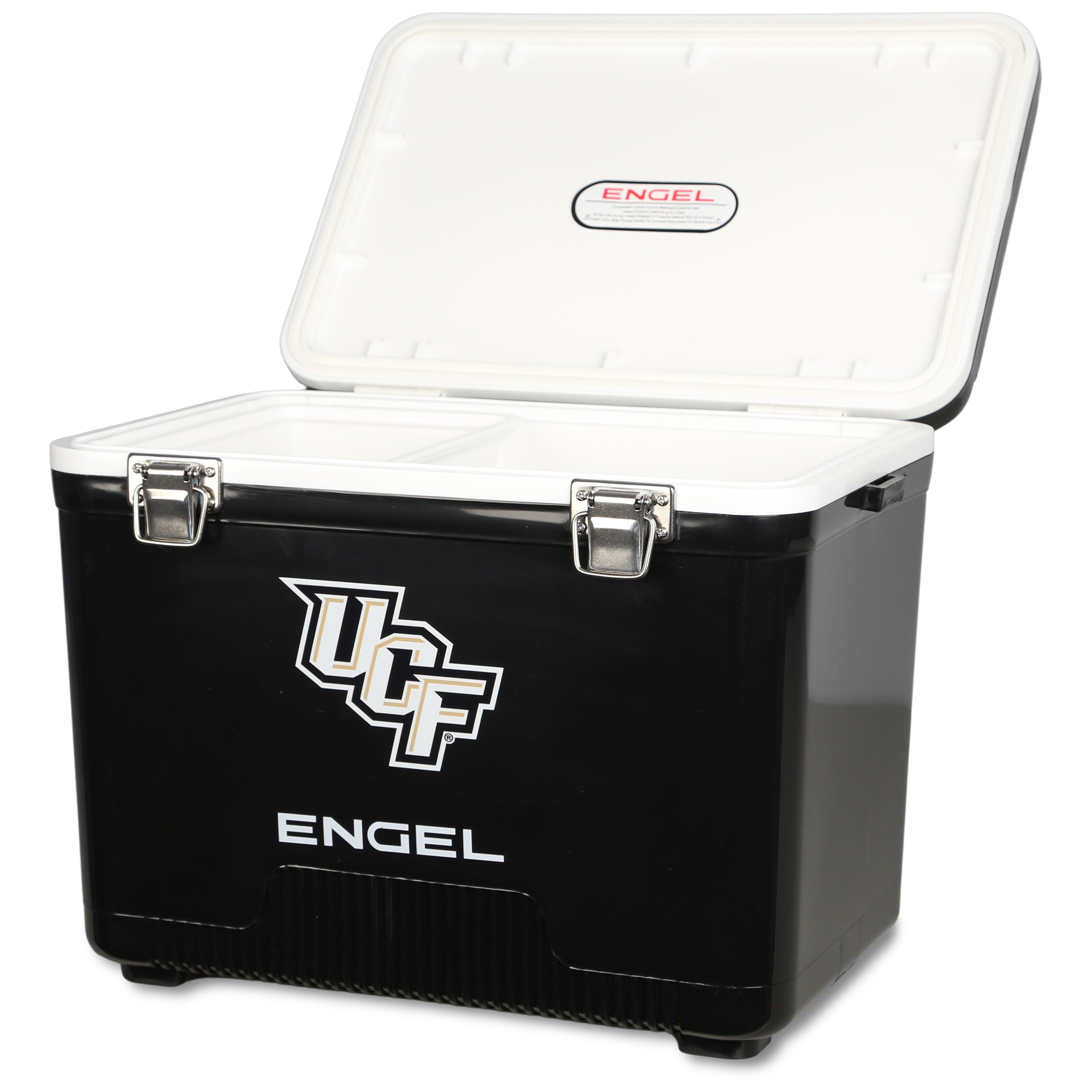 The ENGEL UCF Engel Drybox Cooler & Lunchbox is a black waterproof cooler with a white interior, open lid, metal latches, and the UCF Knights logo on the front.