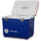 An Engel Coolers 19Qt Patriotic Drybox Cooler with a white lid and metal latches, open to reveal the interior. The cooler is labeled with "19 quarts" on the front.